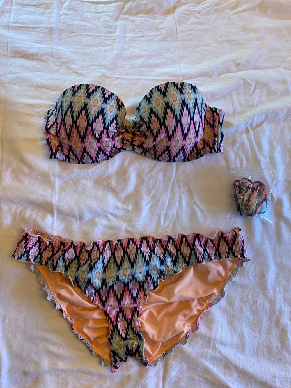 Strapless Patterned Bikini Set in Pink, Black & Peach